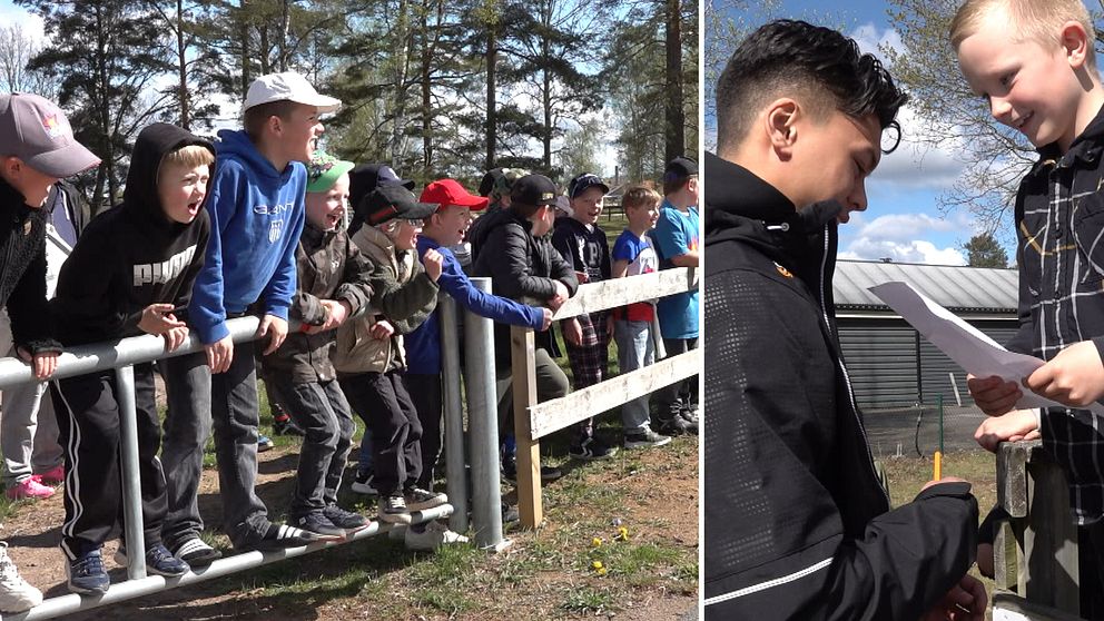Delad bild. Till vänster: barn står vid ett staket utomhus. Till höger: två personer samtalar.