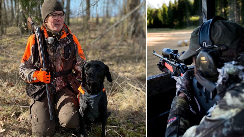 Kvinna med hund till vänster, person med gevär till höger