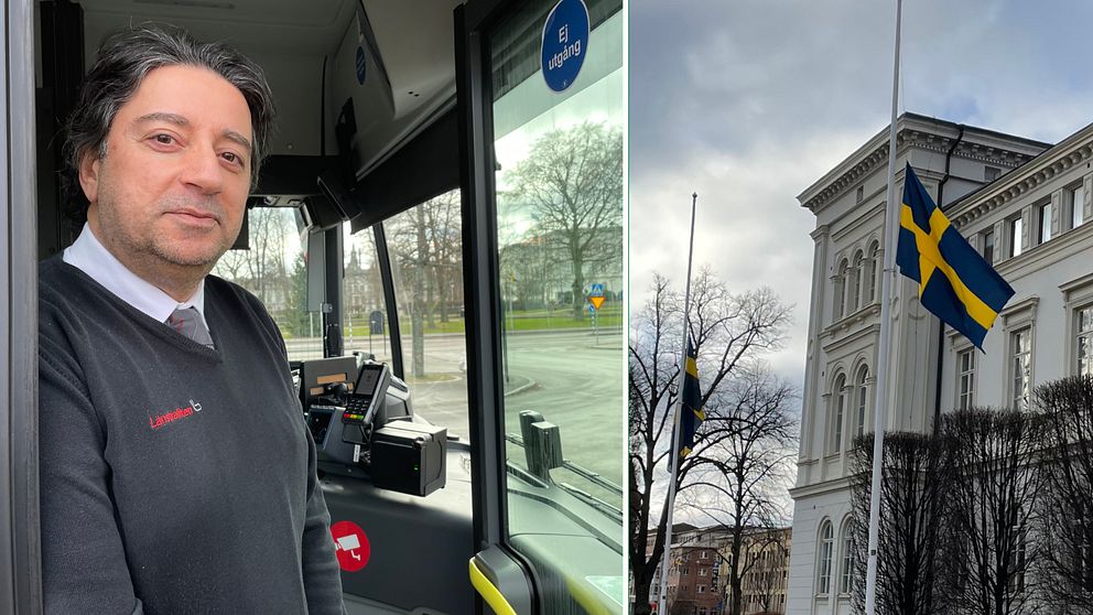 En delad bild: Till vänster står en person i en buss, klädd i en arbetsuniform med företagslogotyp på tröjan. Till höger vajar en svensk flagga på halv stång framför en vit byggnad, kanske en kommun- eller statlig fastighet. Det är en mulen dag med träd utan löv i bakgrunden.