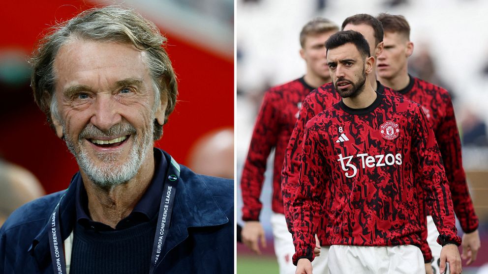 Till vänster: Jim Ratcliffe, brittisk miljardär och ny ägare till Manchester United. Till höger: några av spelarna i klubben, med Bruno Fernandes längst fram.