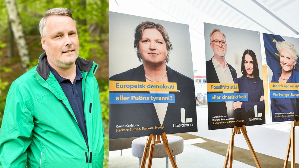 Delad bild på Liberalernas förbundsordförande i Blekinge, Jesper Rehn, samt på valaffischer på partiets företrädare.