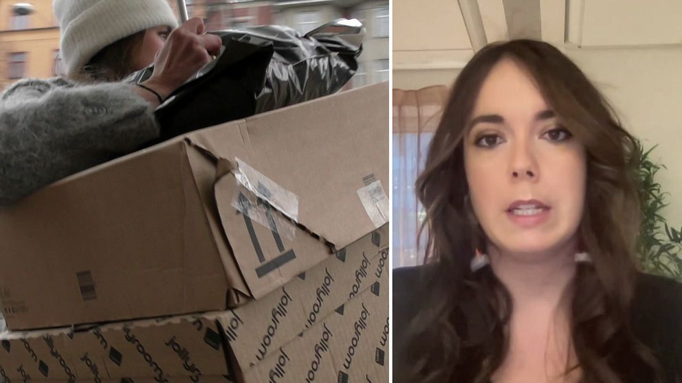 Till vänster ses en person som håller i en svart soppåse som balanserar ovanpå en stor, öppen kartong på en transport samtidigt som de kör förbi byggnader. Till höger är en person som sitter i ett rum med naturligt ljus som strålar in genom ett fönster i bakgrunden, omgiven av växter.