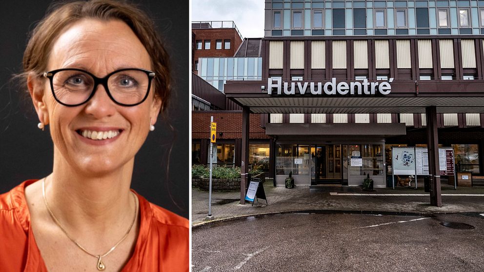 Delad bild. Vänster: person i orange topp. Höger: huvudentrén till ett sjukhus.