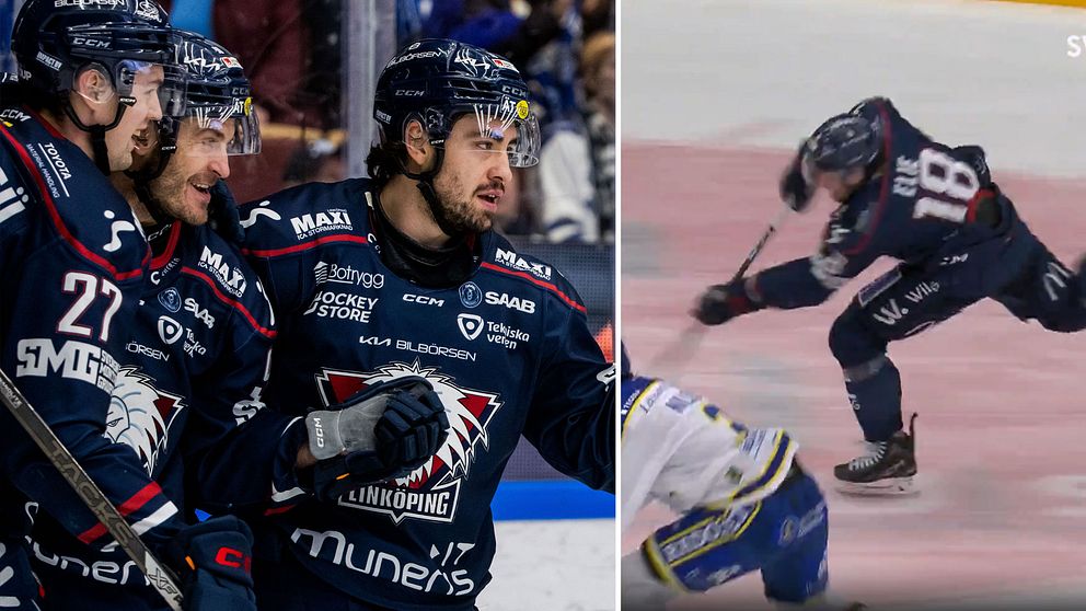 På vänster sida av bilden syns tre ishockeyspelare från Linköping HC i matchställ, samlade som om de firar eller diskuterar något under en match. På höger sida av bilden ses en fjärde spelare från samma lag iförd nummer 18 utföra en aktion på isen, medan en motståndare i blå och gul dräkt syns delvis nere på isen.