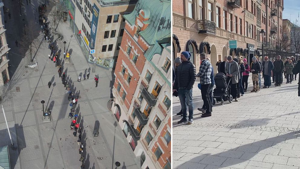 Drönarbild över Storgatan i Sundsvall. Lång kö av människor på Storgatan.
