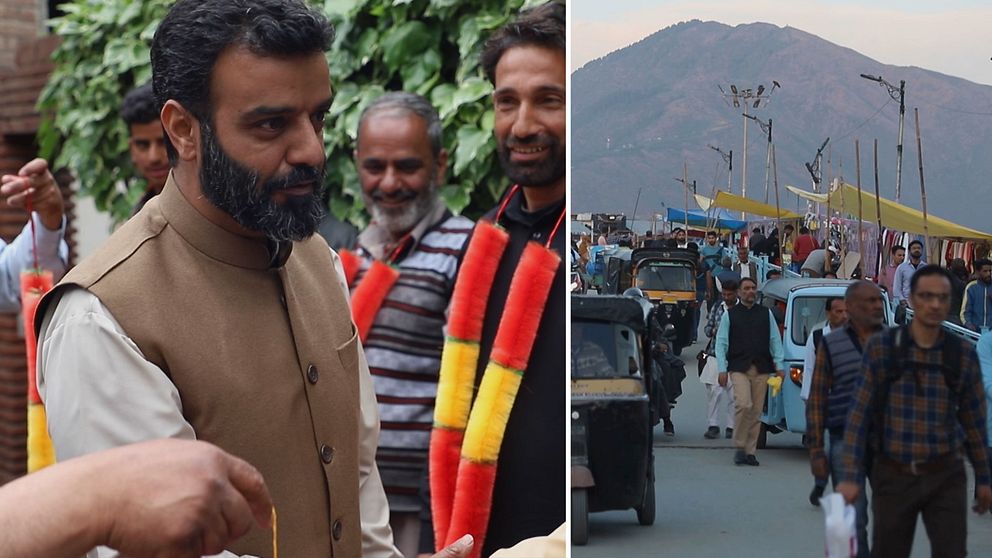 Lokalpolitiker i Kashmir. Man med väst och skägg. Fotgängare i Kashmir, berg i bakgrunden.
