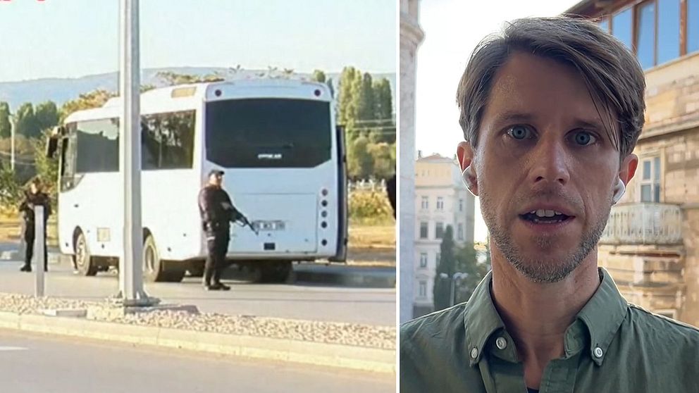 En buss med militär framför och en man