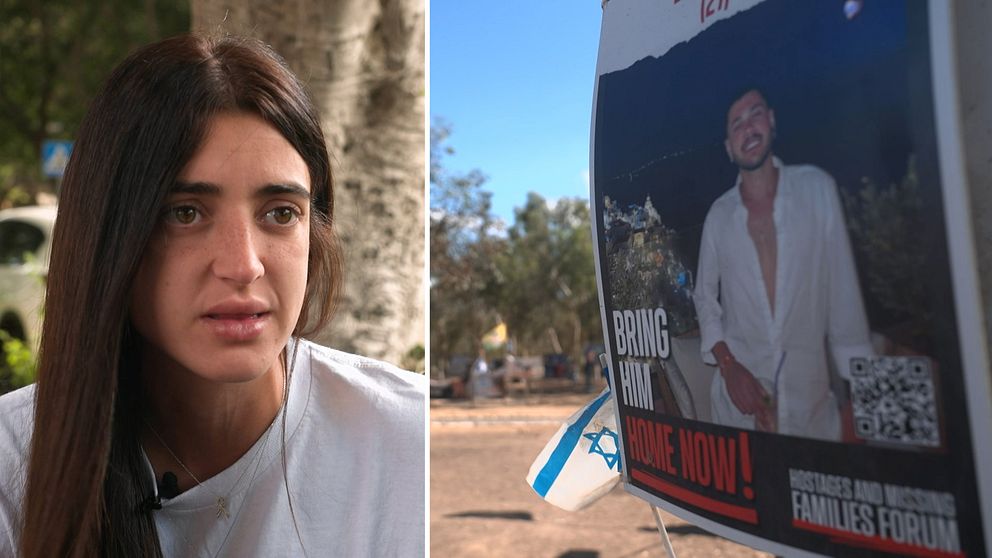 Kvinna pratar, affisch med foto av man och texten ”Bring him home now!”