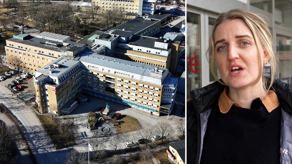 Tvådelad bild. Till vänster: flygvy över sjukhuset i Ljungby.