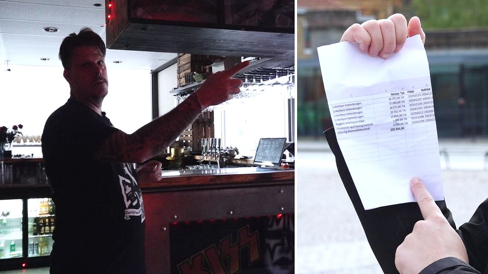 Delad bild. Till vänster: person pekar inne på restaurang. Till höger: hand håller upp dokument.
