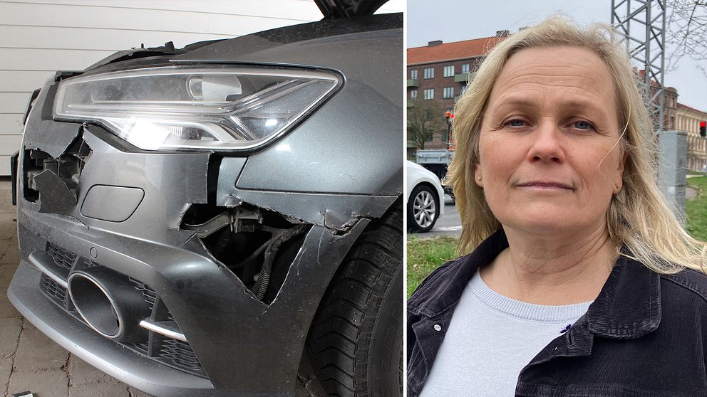 Till vänster en bil med skador, till höger Sofia Ingels brottsutredare i polisområde Halland står framför en väg med bilar