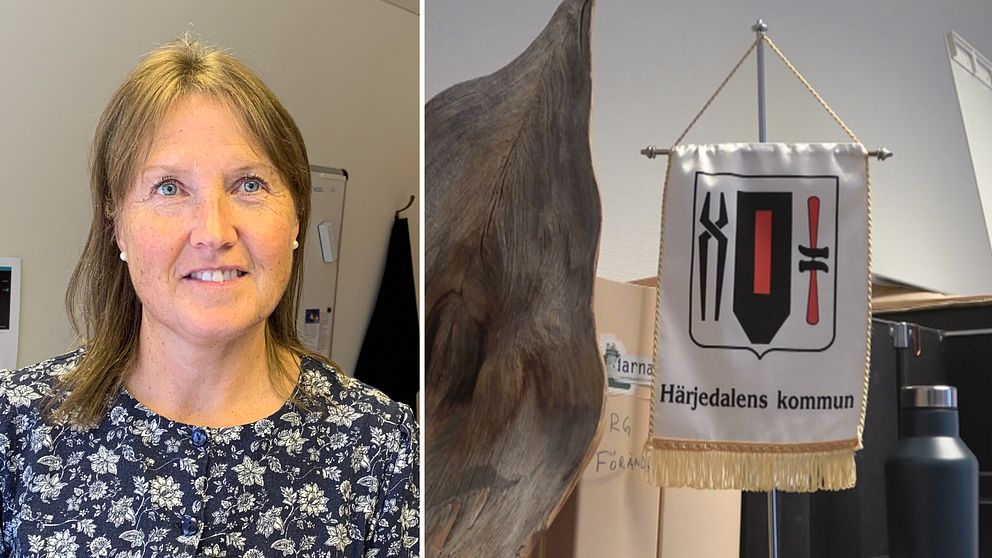 Delad bild. Till vänster Elise Ryder Wikén, och till höger en vimpel med Härjedalens vapen på.