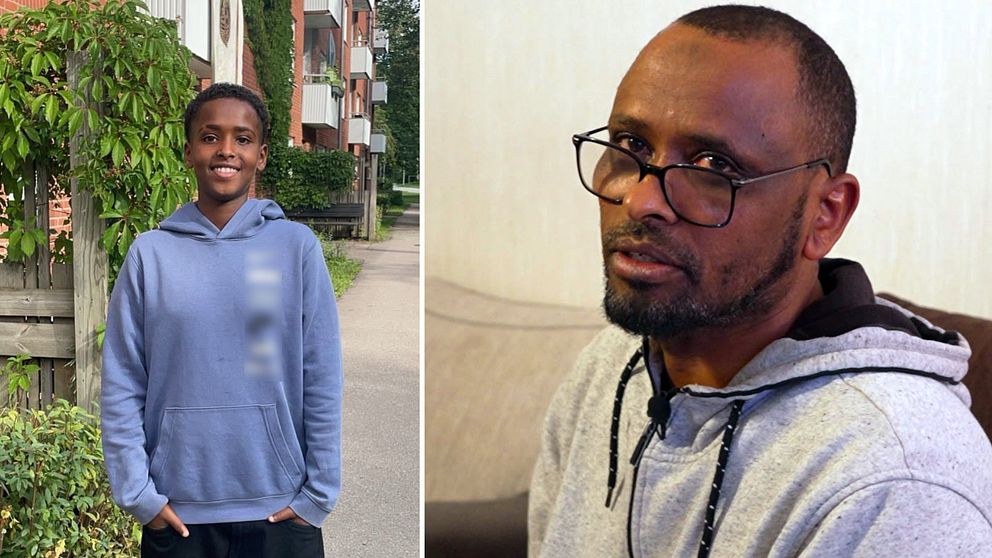 Tvådelad bild. Till vänster en leende Omar, till höger Omars märkbart berörde pappa Ismail.