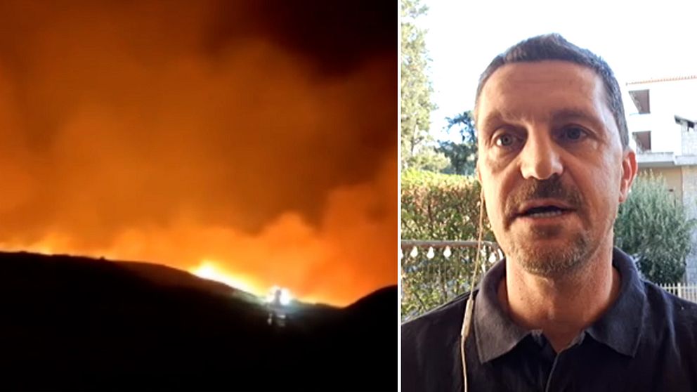 Två bilder. En orange himmel under en stor skogsbrand och Lasse Engel.