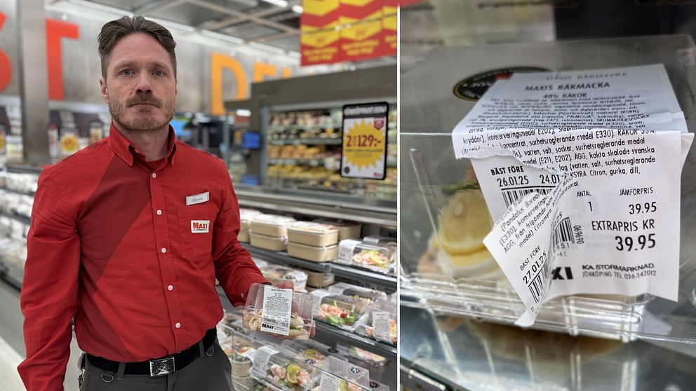 En anställd i en livsmedelsbutik håller i en förpackning med marinerad lax. Till höger visas en närbild på förpackningen där en etikett med priset 39,95 kronor syns tydligt.