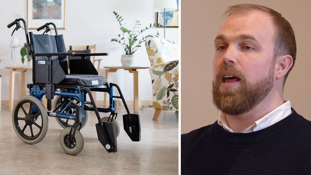 Delad bild. Till vänster: tom rullstol i rum med växter. Till höger: man.