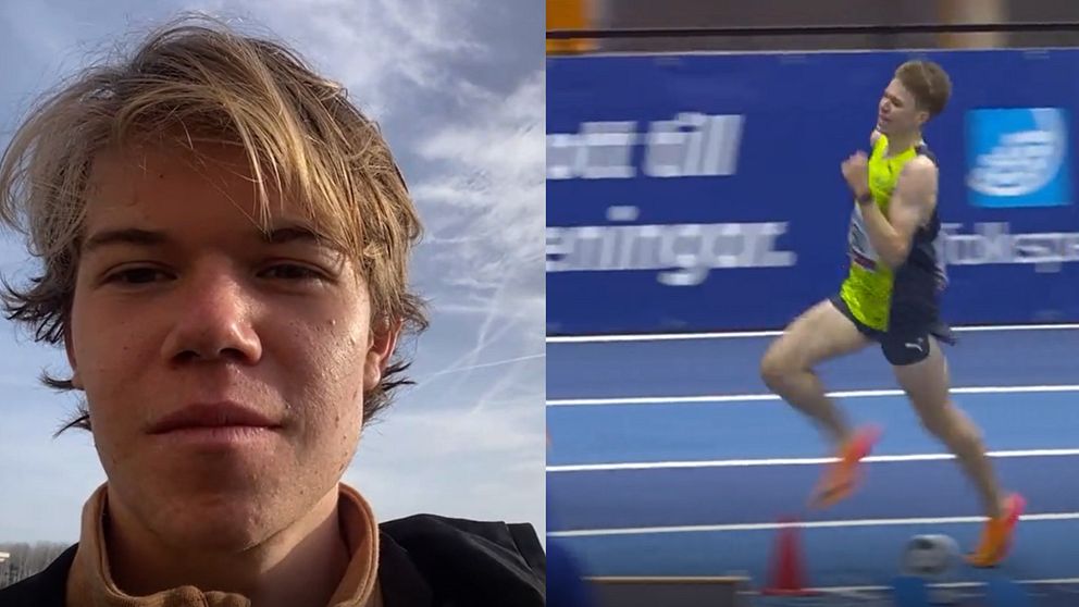 Två bilder på löparen Jonathan Grahn, en när han springer på en inomhus-friidrottsarena och en när han står med blå himmel i bakgrunden.