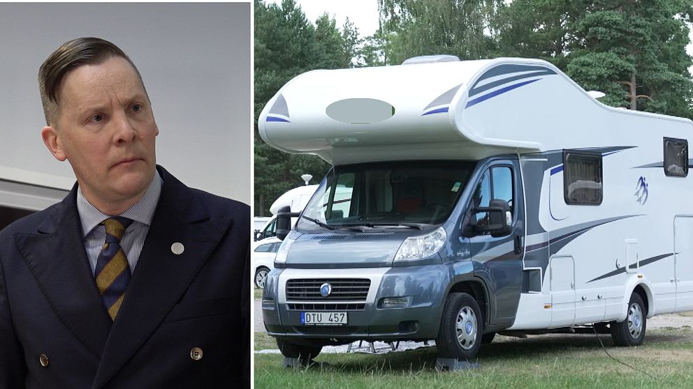 En bild på den moderata riksdagsledamoten Mats Green och en bild på en husbil på en camping en sommardag.