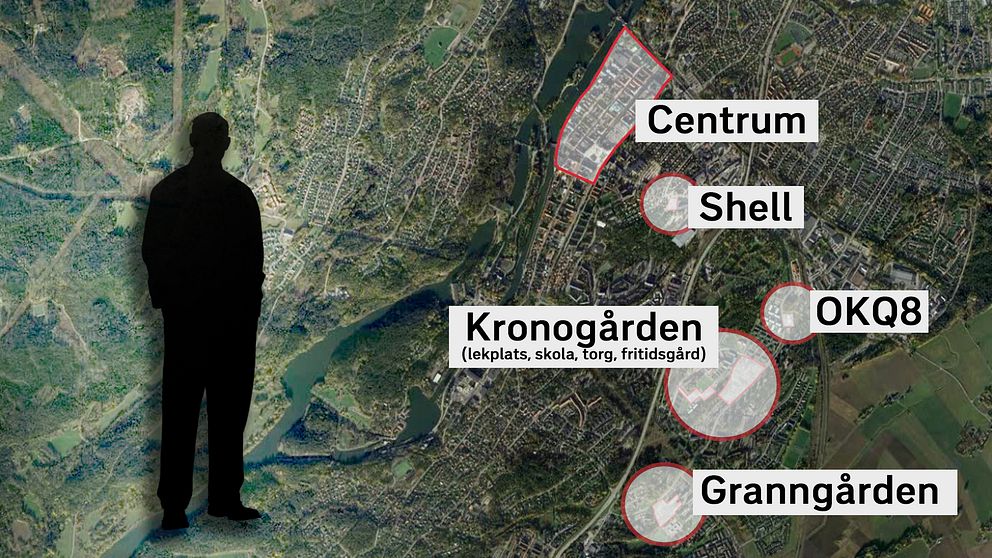 En karta med 5 olika områden i Trollhättan