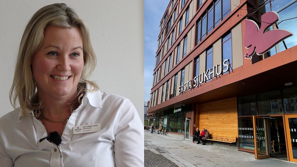 blond kvinna med vit skjorta som ler – entrén till Ersta sjukhus, stockholm