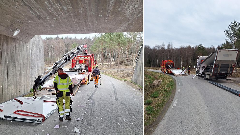 Tvådelad bild. Till vänster: lastbil fast under bro. Till höger: lastbil skadad på landsväg.