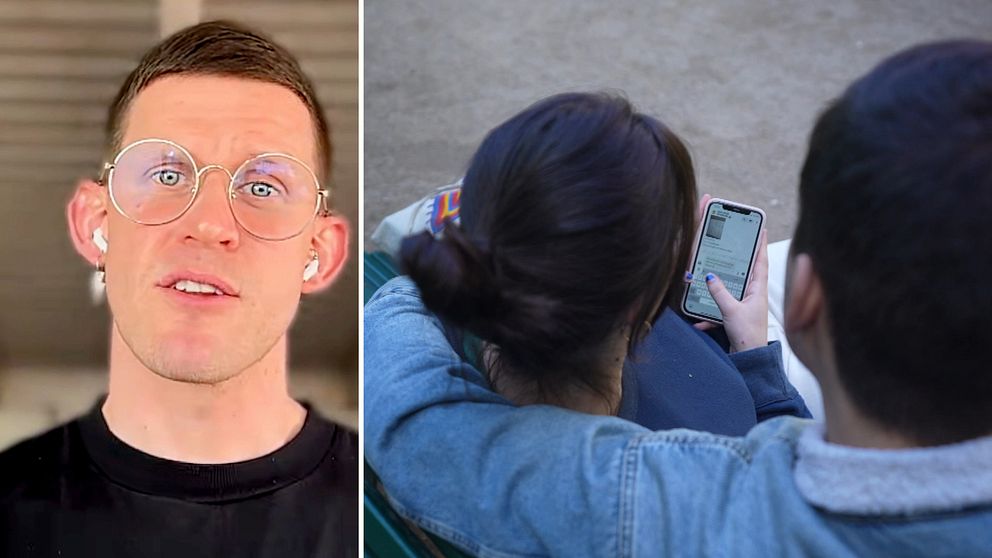 Tvådelad bild. Till vänster: Sexologen Kalle Norwald i svart tröja. Till höger: två personer ser på en mobil, den enda personen håller armen runt den andra.