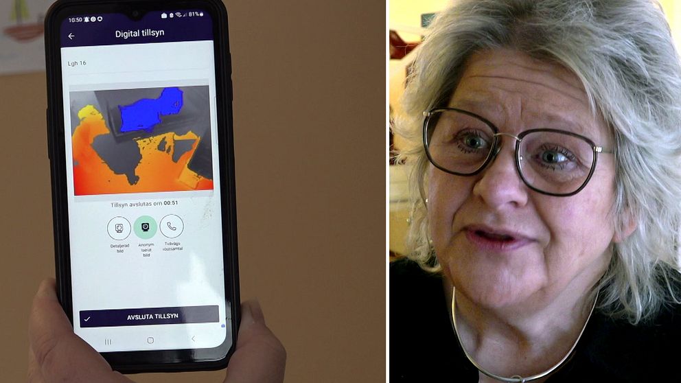 Till vänster: En mobiltelefon. Till höger en kvinna i övre medelåldern med glasögon.