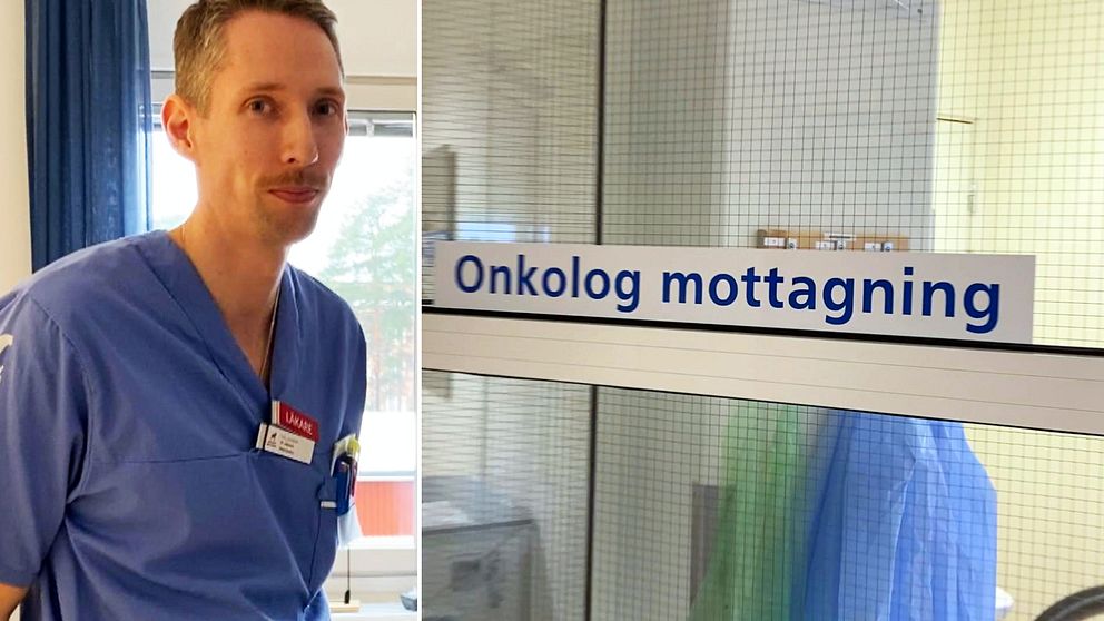 porträttbild av Nils Medefelt och en bild av en skylt där det står ”Onkologi mottaging”