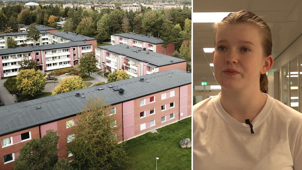 Bild på hus ovanifrån till vänster, till höger bild på Filippa Andersson som intervjuas i korridor.