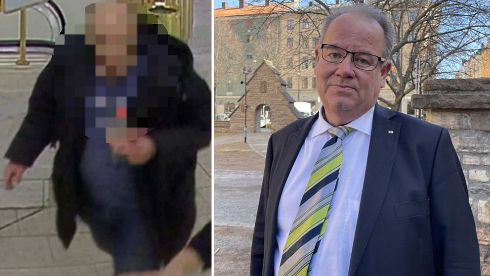 Tvådelad bild. Vänster: Man i mörk jacka. Höger: Man i kostym mot en stenkyrka.