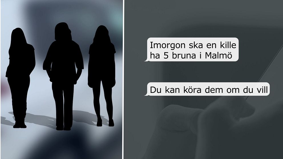 Till vänster syns siluetten av tre kvinnor som står bredvid varandra. Till höger syns en smskonversation där någon erbjuder någon annan att köra ”fem bruna” till Malmö.