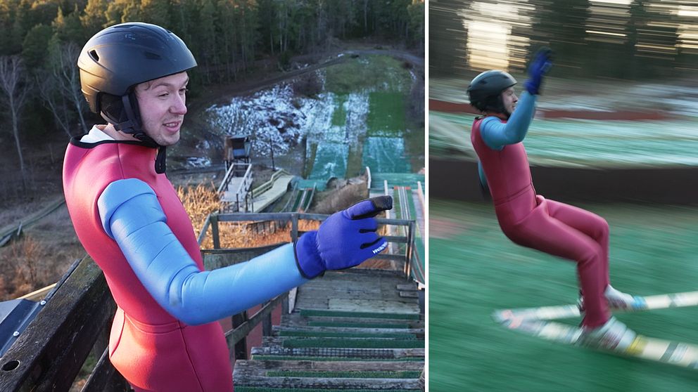 Till vänster står en skidåkare i skyddshjälm och spetsiga skidor, redo för att hoppa från en backhoppningsbacke i Stockholm med snö på marken. Till höger syns skidåkaren i rörelse, som genomför ett hopp ner för backen.