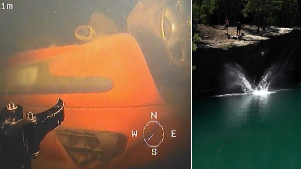 röd bil filmad under vatten/två personer på en klippa ovanför grönt vatten. Vattenplask efter en person som hoppat.