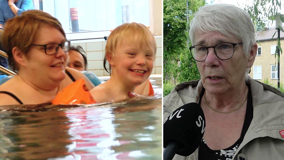 En vuxen och ett barn badar i en bassäng och ser glada ut. Monica Johansson (S) står utomhus och intervjuas.
