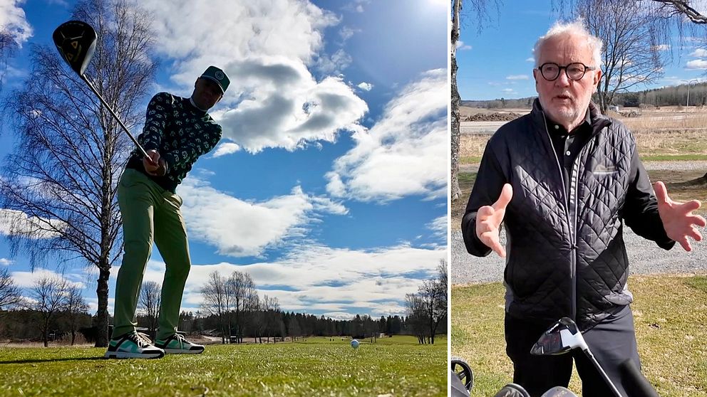 Tvådelad bild. Vänster: golfare svingar en klubb. Höger: person gestikulerar utomhus.