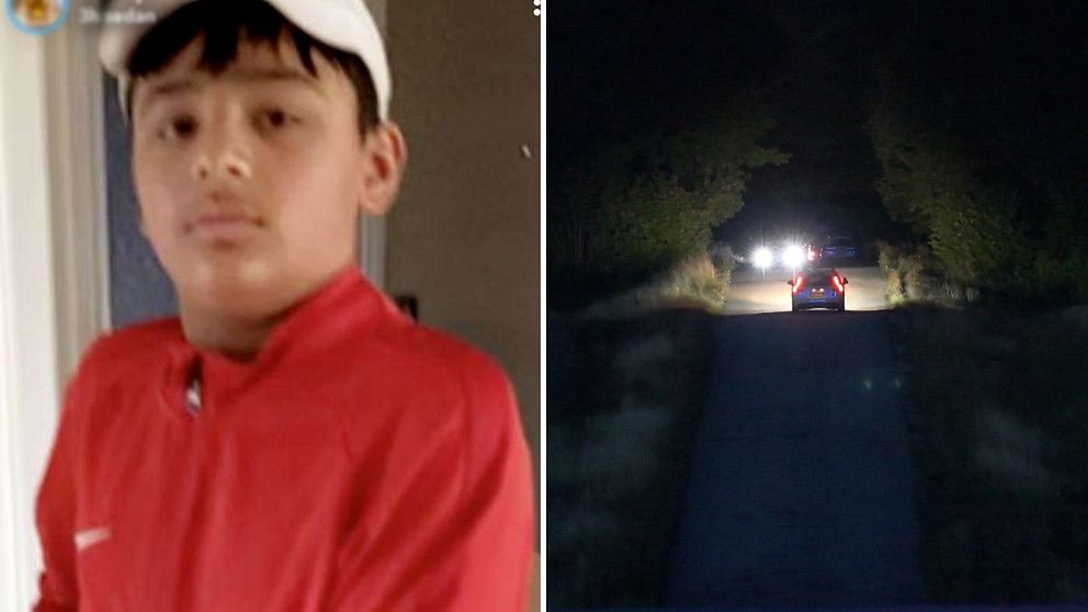 En pojke syns till vänster och till höger en bild på polisbil i mörker