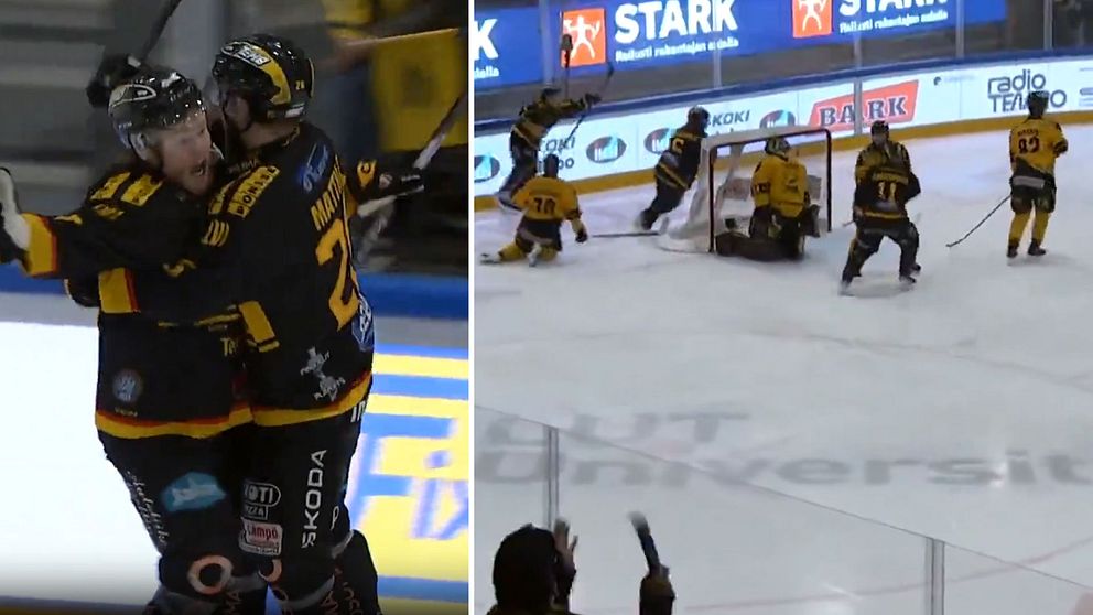 Delad bild. Till vänster: hockeyspelare firar mål. Till höger: pucken i mål bakom målvakten.