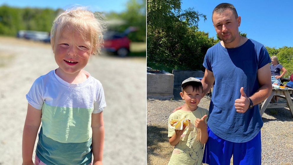 En blond flicka till vänster om bilden och en mörkhårig pojke som står och äter korv med sin pappa.