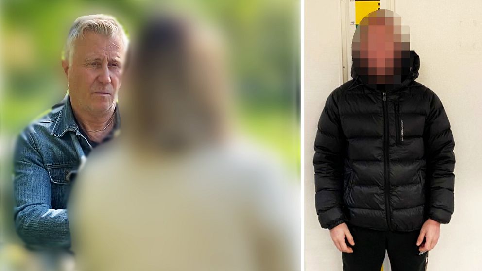 Reporter Patric Sellén tillsammans med systern på en bänk. Till höger syns bild på hennes bror.