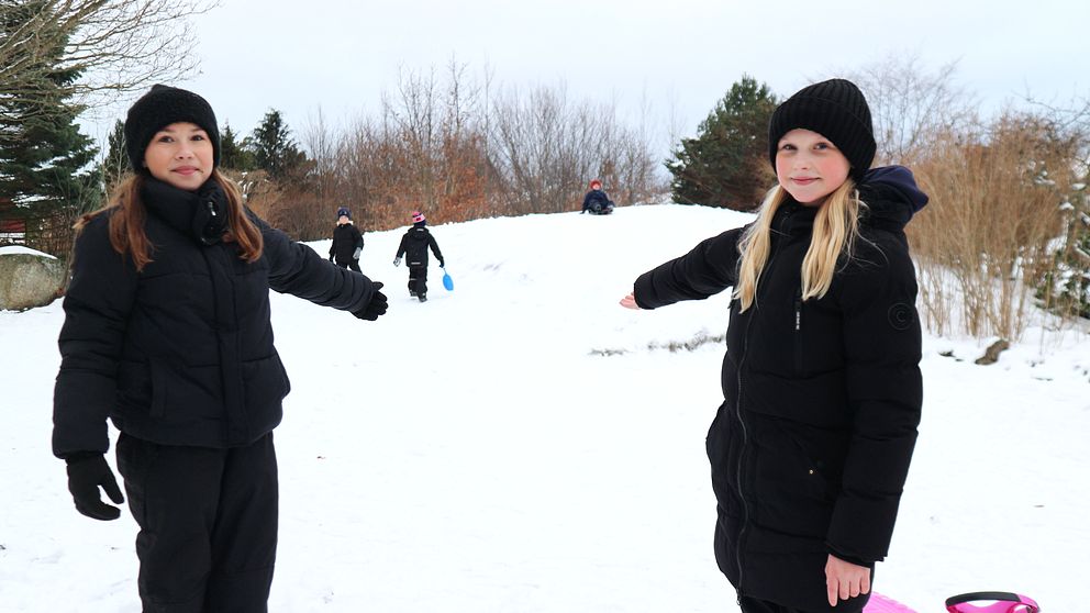 barn leker i snön, åker pulka