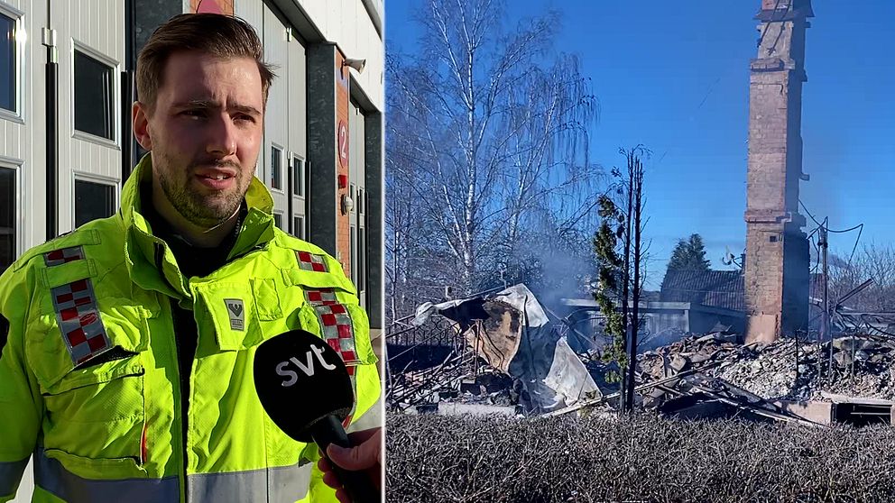 Delad bild: Till vänster visas en person i en gul säkerhetsjacka med en SVT-mikrofon framför sig. Till höger ses en ödelagd byggnad med resterande skorsten och ruiner, samt träd och buskar i förgrunden.