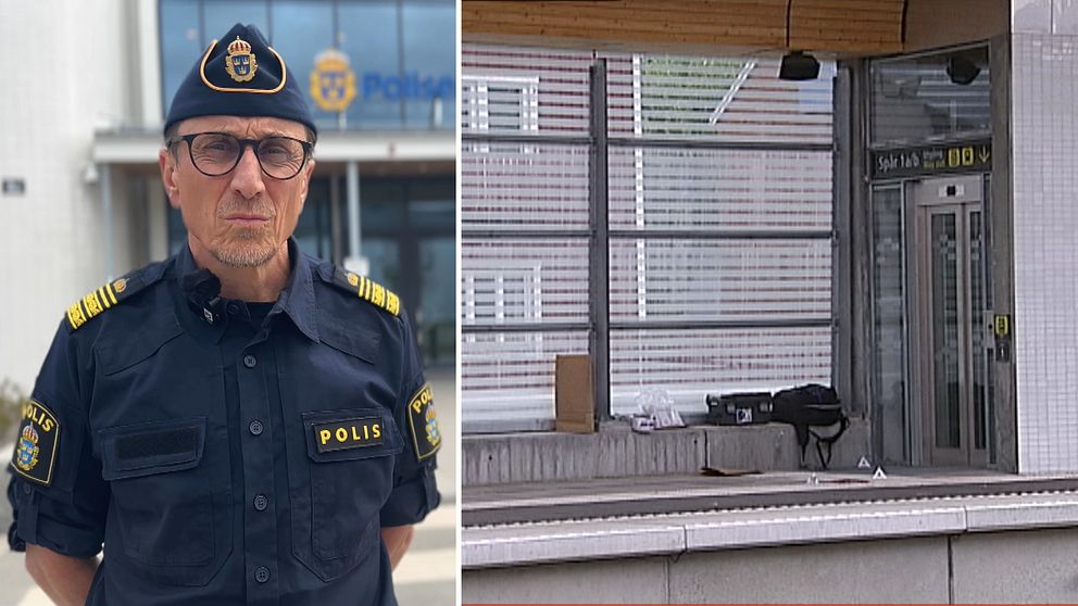 Delad bild. Polischefen Olle Andersson i uniform och med bekymras uppsyn och en del av en tågperrong.
