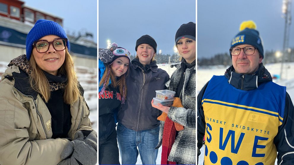 Sara Persson, Rebecca Barchéus, Christer Eriksson, står på läktaren vid Östersunds skidstadion.