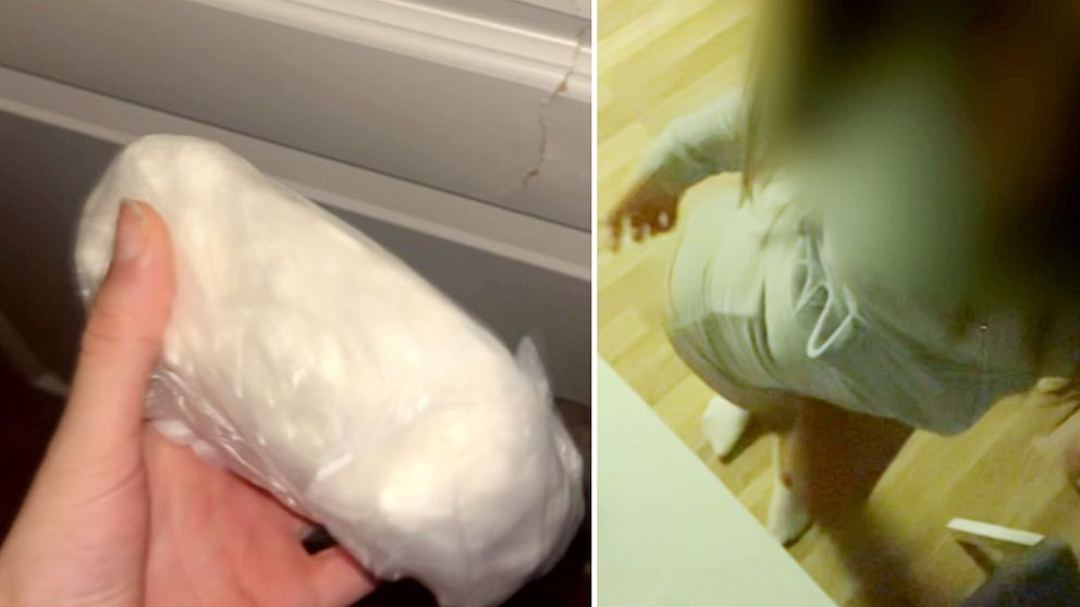 Kvinnan håller i ett stort paket med vitt pulver samt en blurrad selfie när hon sjunger.
