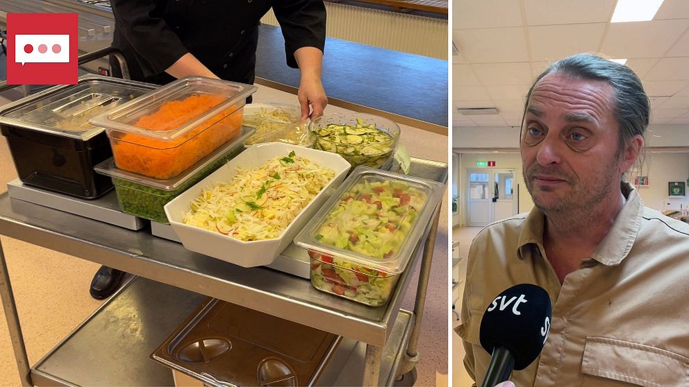En delad bild som visar två sektioner. Den vänstra delen visar en serveringsvagn med flera matbehållare, inklusive morötter, en grönsallad, och en skål med ris. Den högra delen visar en intervju med en person som håller en mikrofon och står i ett ljust rum.