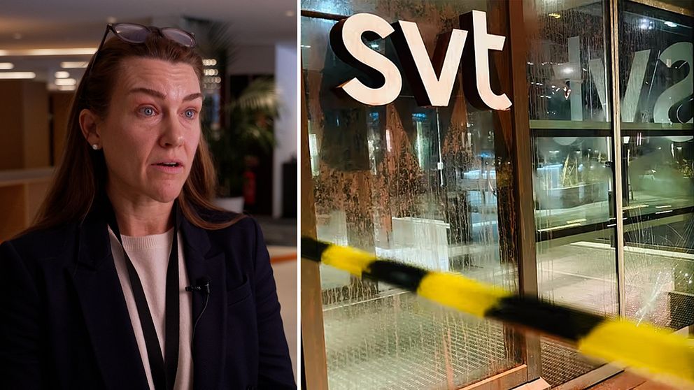 Delad bild: Till vänster, en person syns framför en kontorsmiljö. Till höger, en ingång till SVT:s byggnad med avspärrningstejp i förgrunden.
