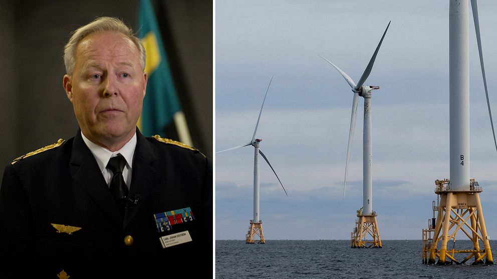 Bildens vänstra sektion visar en person i uniform med olika medaljer och insignier, och den högra sektionen visar en grupp vindkraftverk som står i havet under en grå himmel.