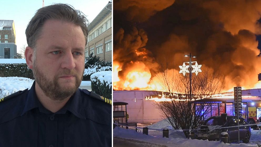 Polischef Daniel Eriksson och brinnande byggnad i Vingåker.