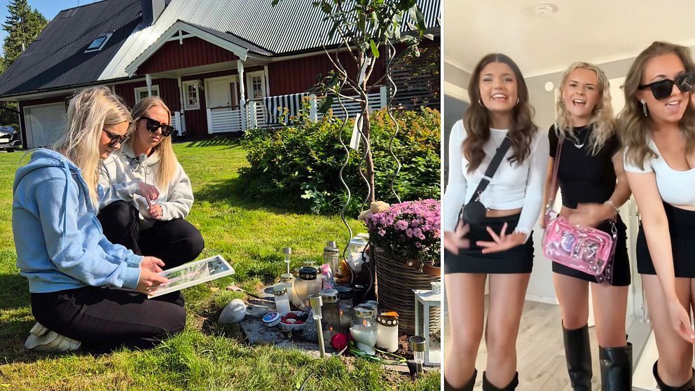 Två tjejer som sitter vid en minnesplats. En bild på tre unga tjejer som dansar.