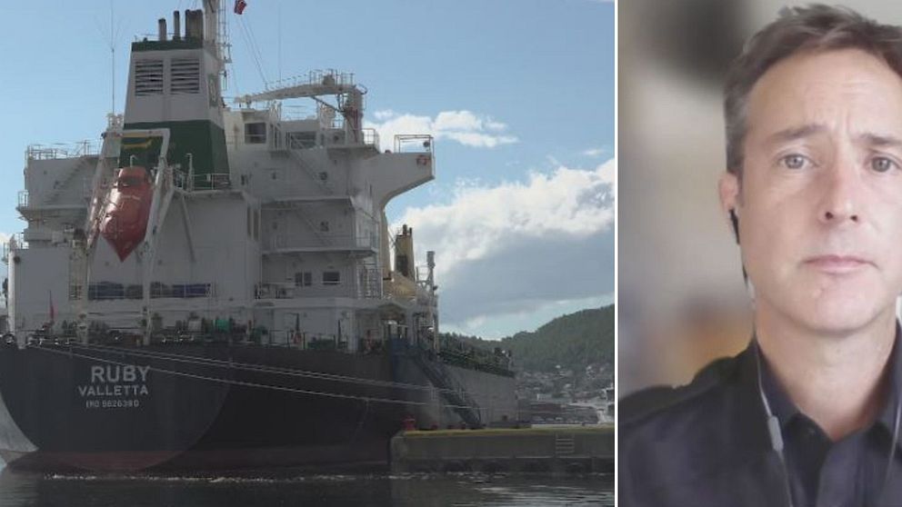 Till vänster, fartyget MV Ruby, till höger Mattias Lindholm, presstalesperson på Kustbevakningen.